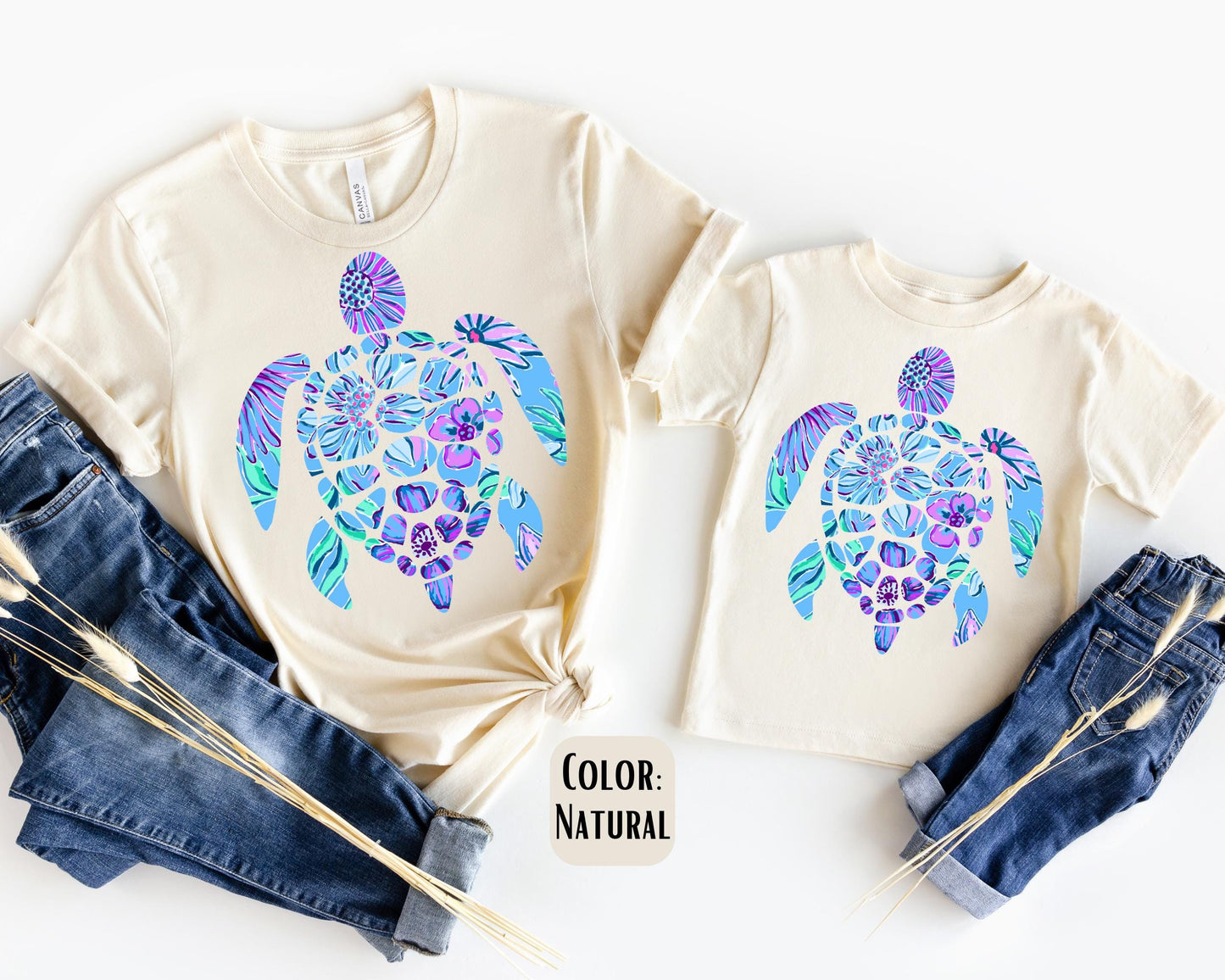 Boho Sea Turtle Mama and Mini Shirts, Floral Turtle Mommy and Me tshirts, Beach Shirts, Mama Mini Set, Mama Mini Outfit, Mother's Day