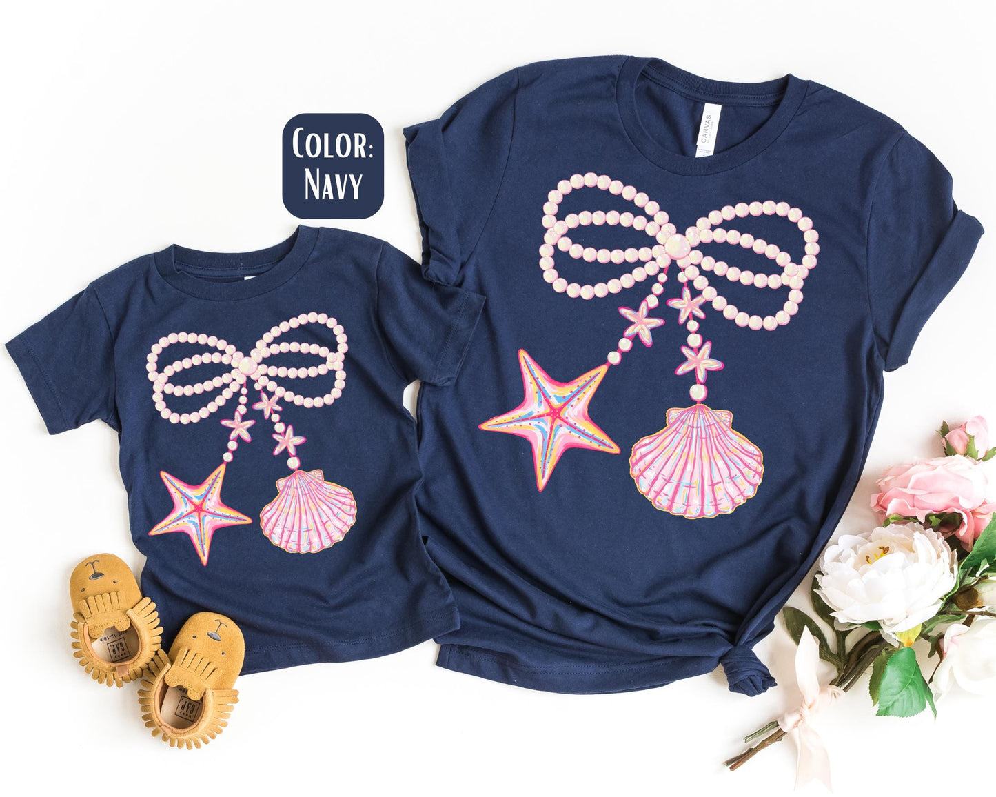 Mama Mini Girly Pearl Bow Shirt, Matching Mommy and Me Coquette Beach Tee, Mother Daughter Shirts, Mama Mini Beach Shirts, Mothers Day Gift