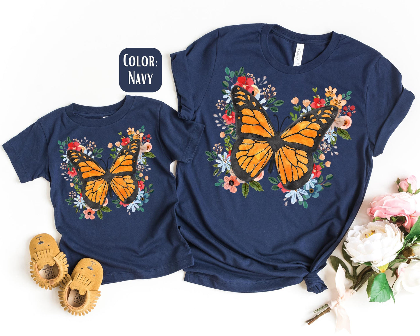 Floral Monarch Butterfly Mommy and Me Shirts, Boho Mama Mini Shirts, Cute Mother Daughter Matching Shirts