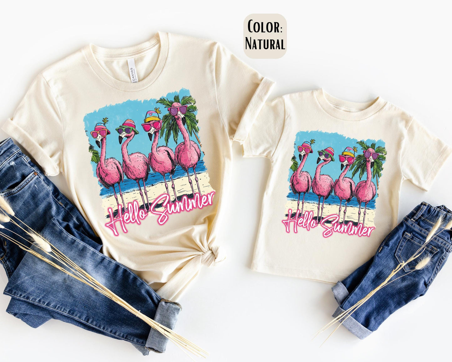 Hello Summer Flamingo Mama and Mini Shirts, Summer Mommy and Me tshirts, Beach Vacation Shirts, Mama Mini Set, Mama Mini Flamingo Shirts