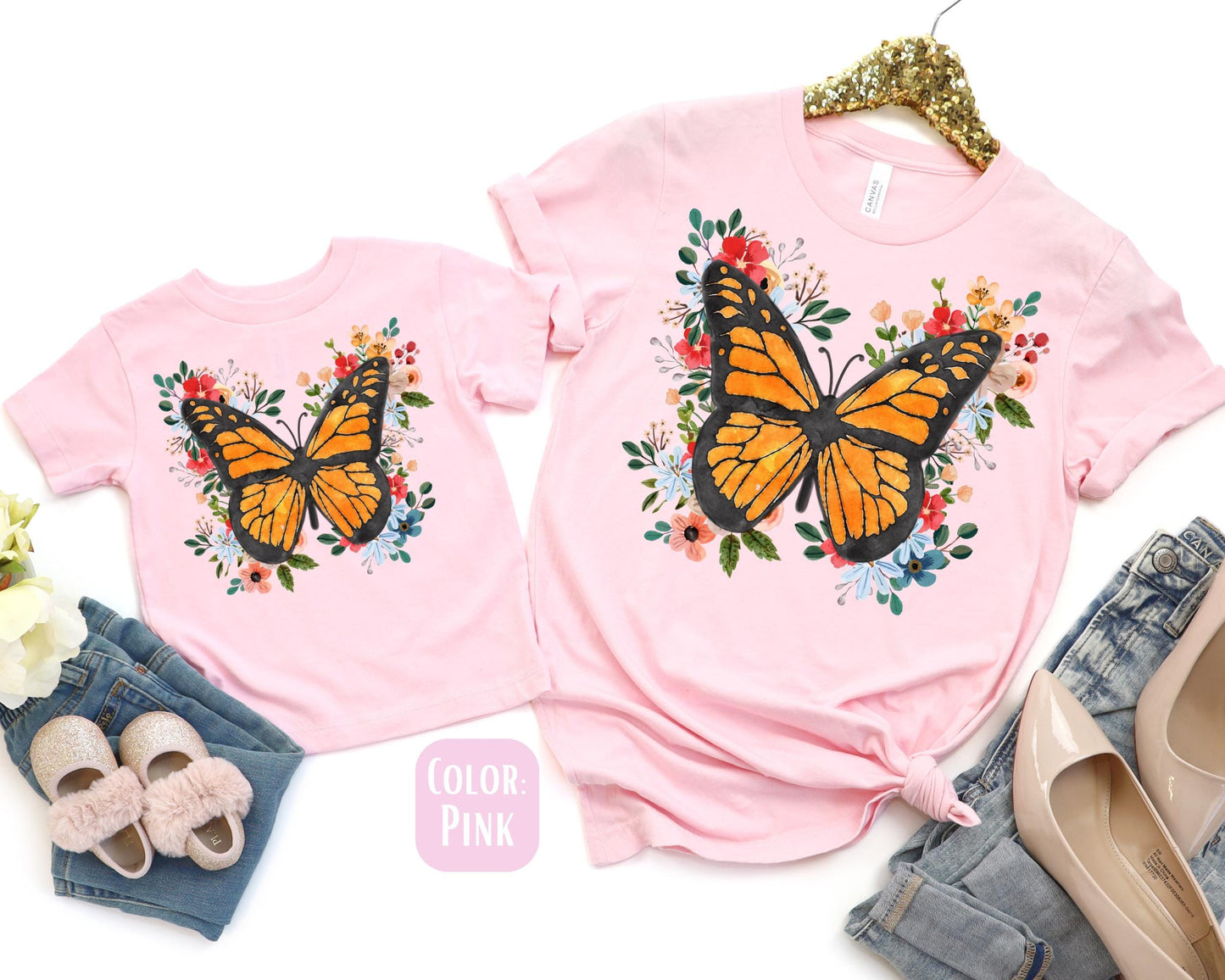 Floral Monarch Butterfly Mommy and Me Shirts, Boho Mama Mini Shirts, Cute Mother Daughter Matching Shirts