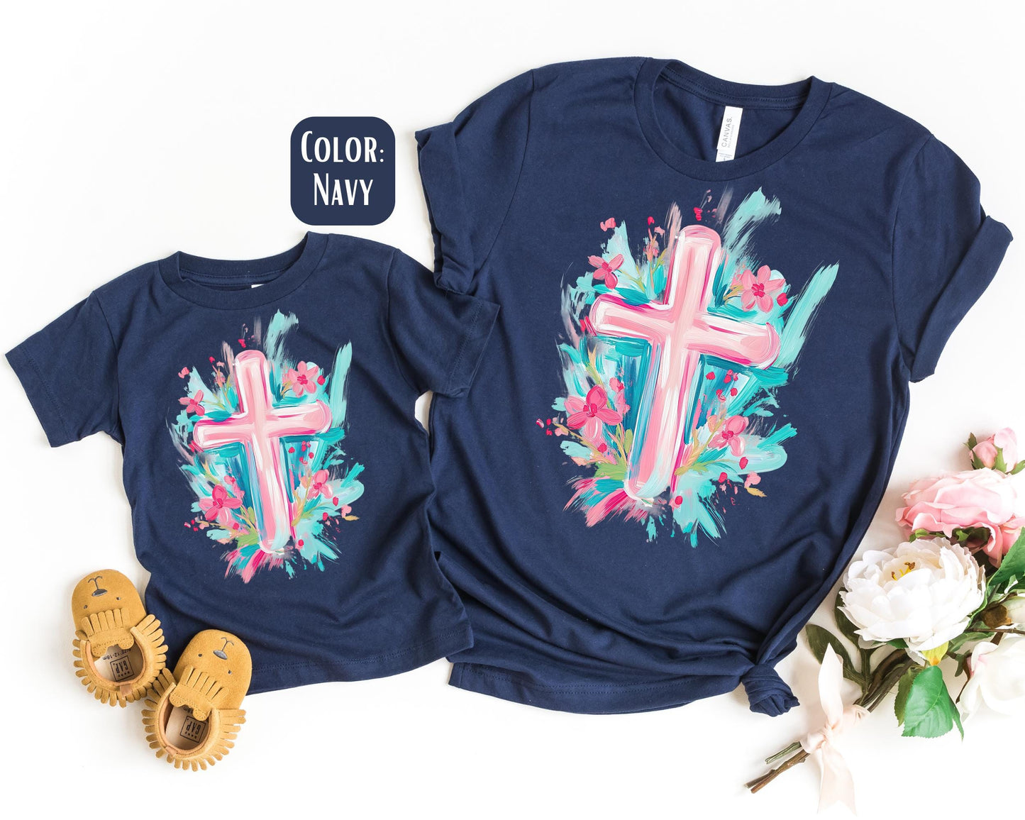 Mama Mini Pink Painted Cross Shirt, Mother's Day Gift, Matching Mommy and Me Christian Shirt, Mama Mini Outfit, Mama Mini Jesus Tee