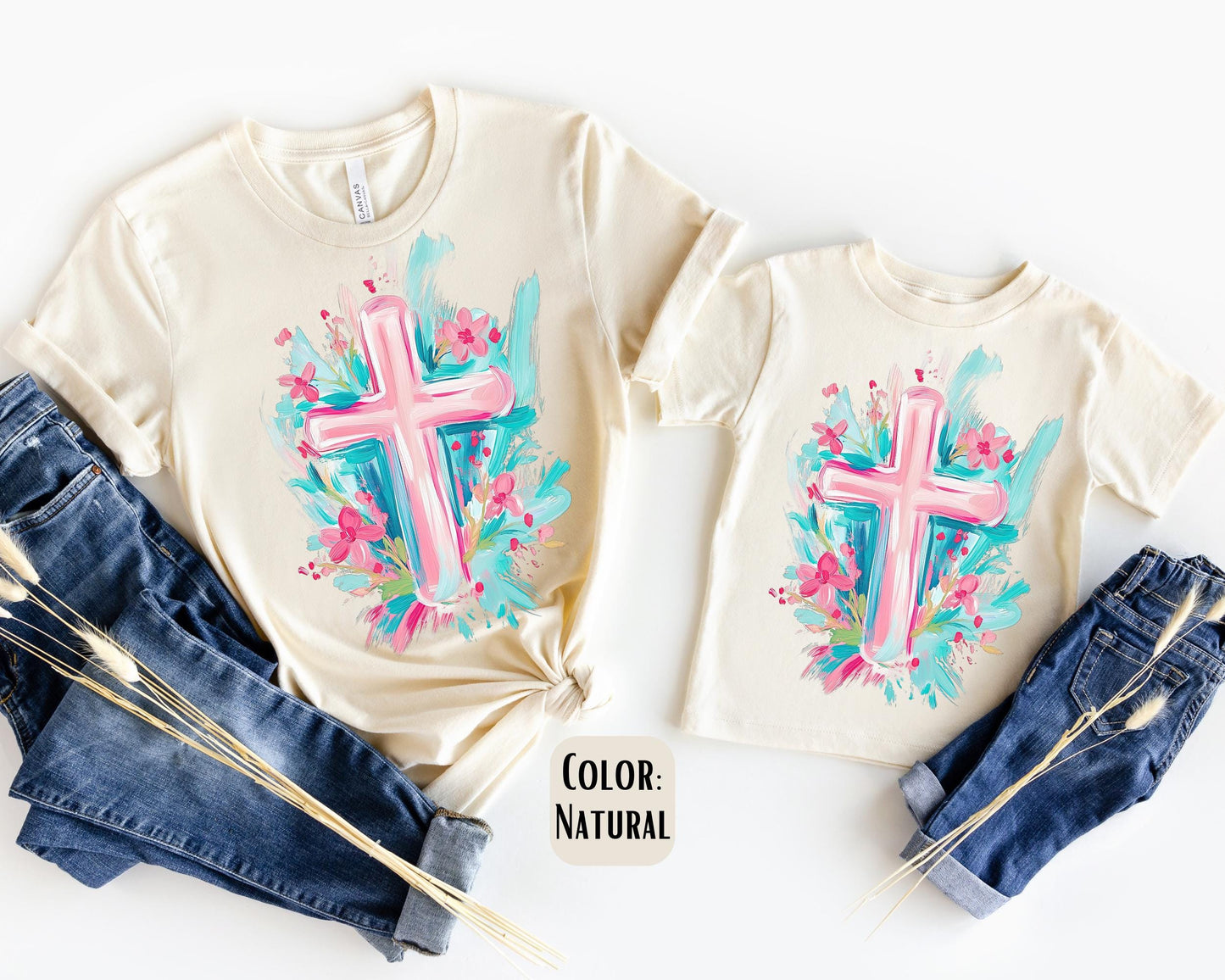 Mama Mini Pink Painted Cross Shirt, Mother's Day Gift, Matching Mommy and Me Christian Shirt, Mama Mini Outfit, Mama Mini Jesus Tee