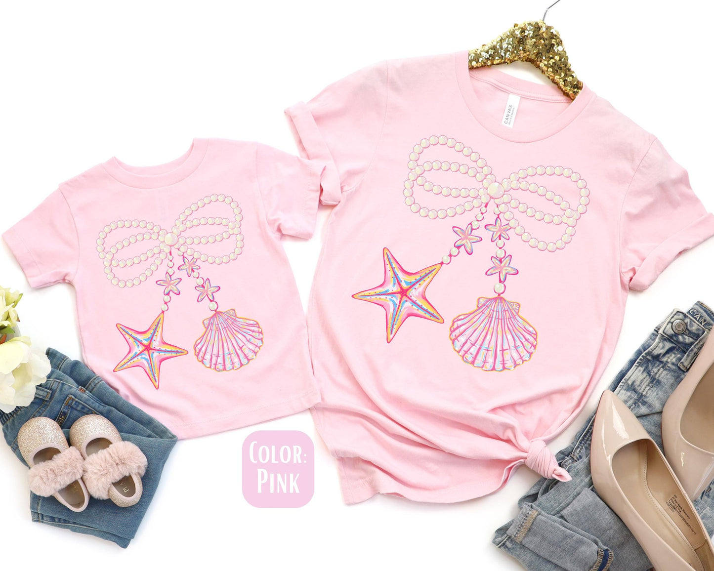 Mama Mini Girly Pearl Bow Shirt, Matching Mommy and Me Coquette Beach Tee, Mother Daughter Shirts, Mama Mini Beach Shirts, Mothers Day Gift