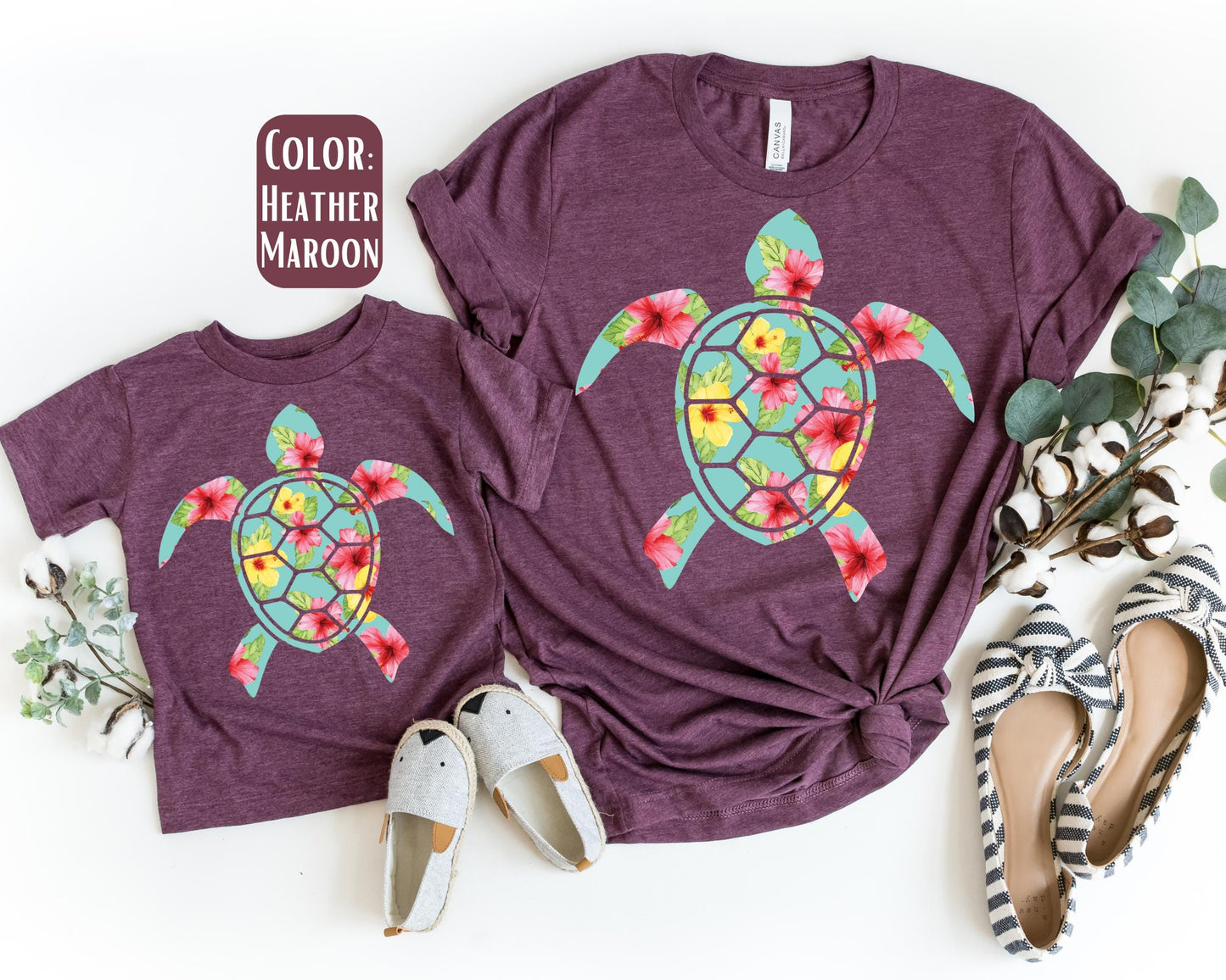 Mama Mini Floral Sea Turtle Shirt, Mother's Day Gift, Matching Mommy and Me Beach Shirt, Sea Turtle Shirts, Mama Mini Matching