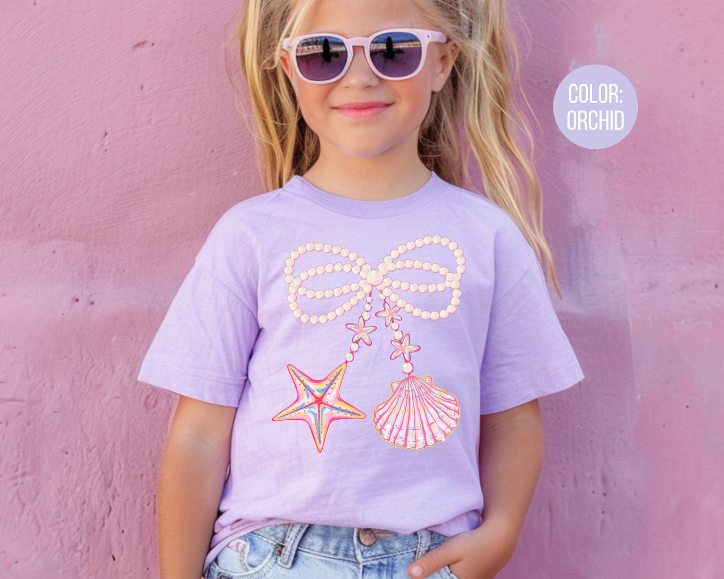 Comfort Colors® Kids Coquette Pearl Bow Shirt, Girls Beach Shirt, Pink Clam Shirt, Youth Beach Shirts, Matching Mom and Daughter Shirts