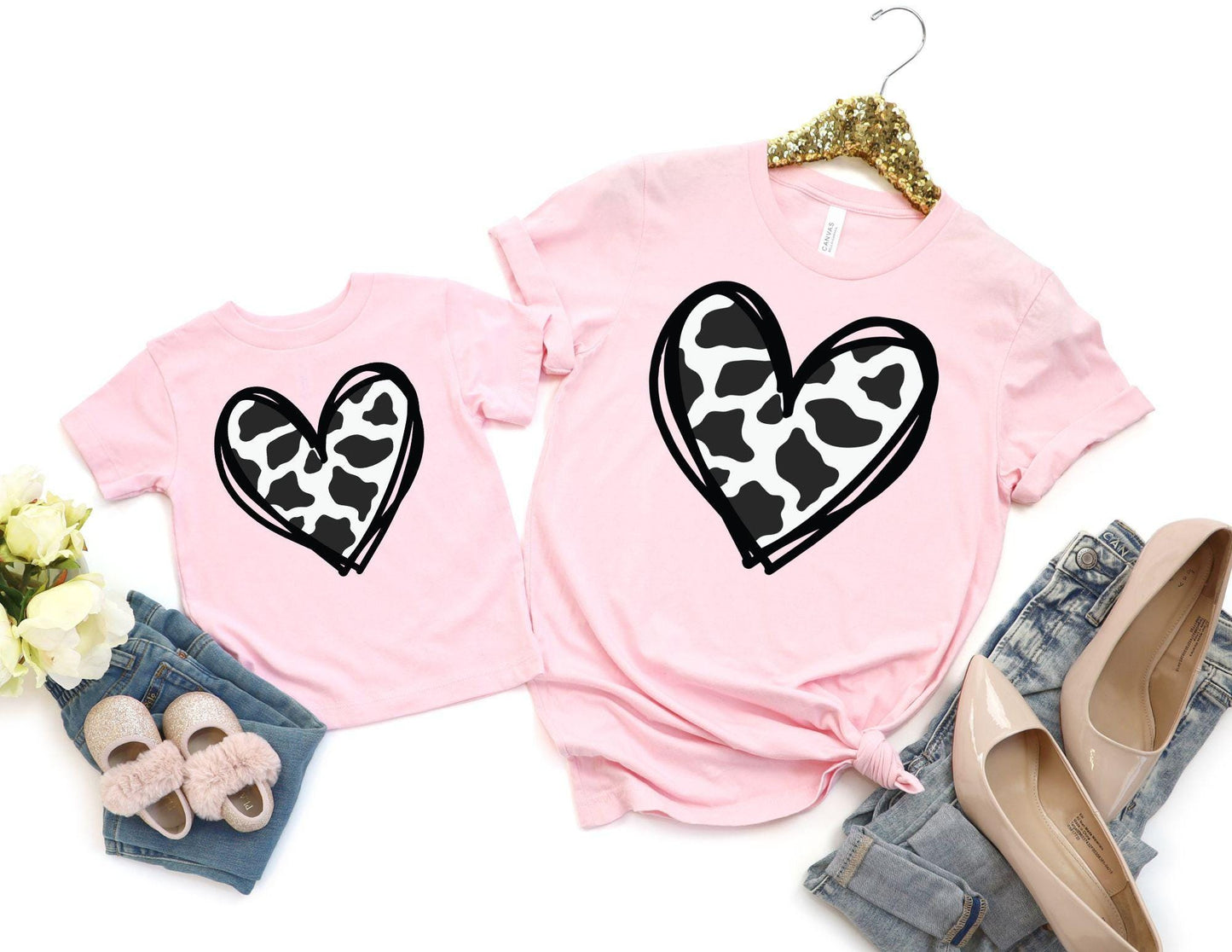 Cow Print Heart Tshirt, Cow Print Mommy and Me Outfits, Mom and Daughter Shirts, Matching Shirts, Mama and Mini