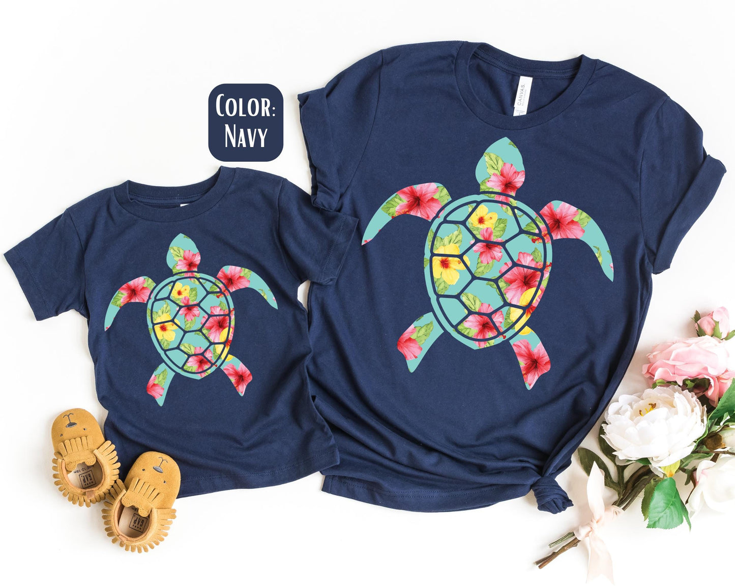 Mama Mini Floral Sea Turtle Shirt, Mother's Day Gift, Matching Mommy and Me Beach Shirt, Sea Turtle Shirts, Mama Mini Matching