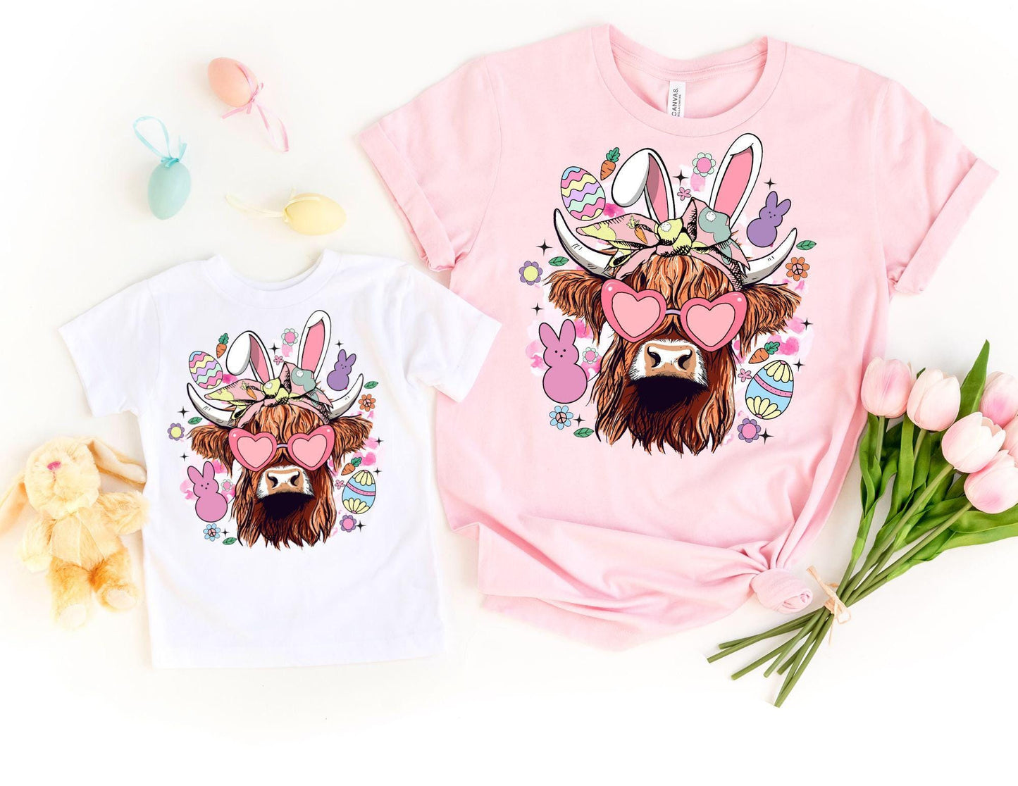 Cute Highland Cow Mommy and Me Easter Shirts, Mom Daughter Easter Tees, Mommy and me Easter Outfits, Cow Mama and Mini