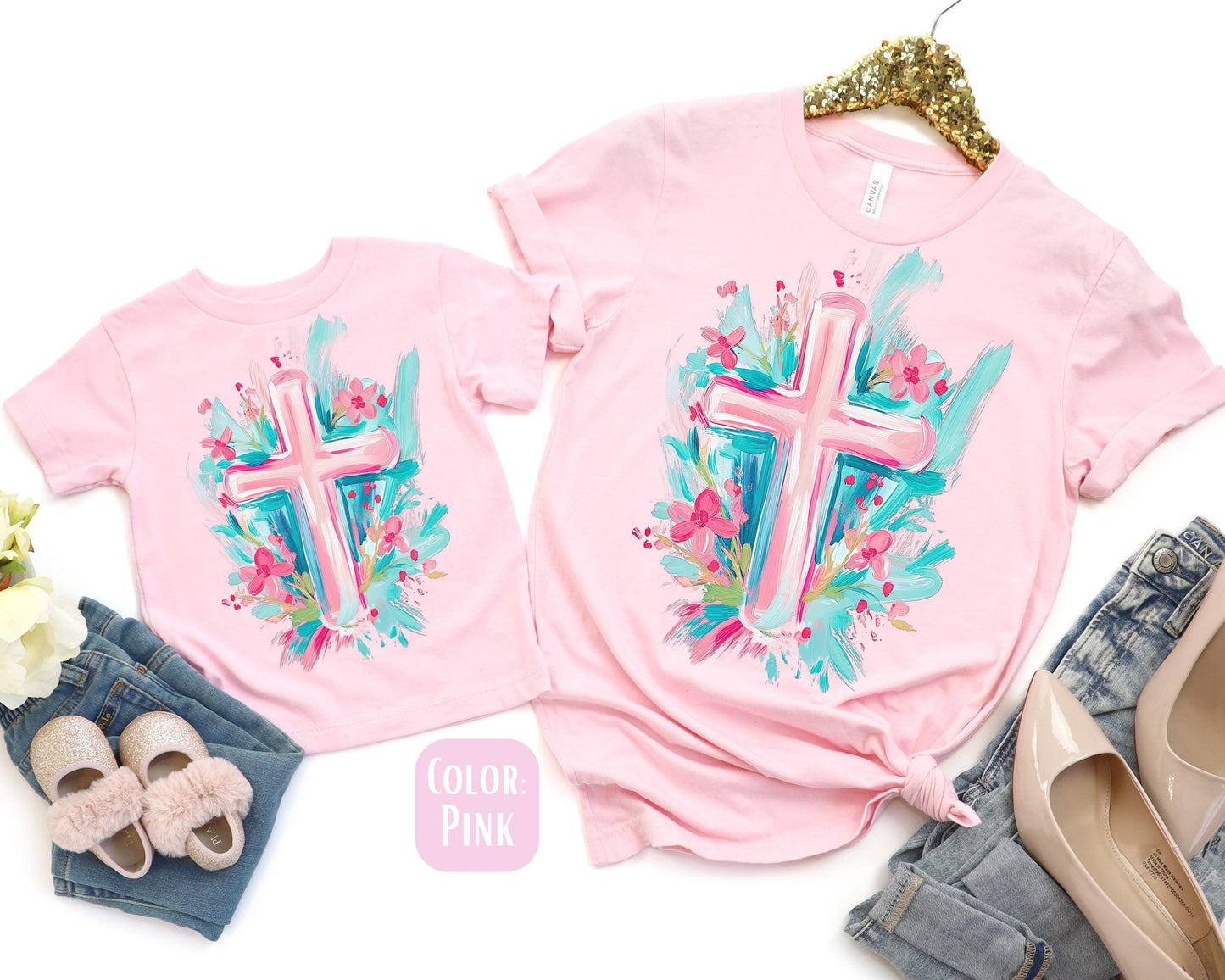 Mama Mini Pink Painted Cross Shirt, Mother's Day Gift, Matching Mommy and Me Christian Shirt, Mama Mini Outfit, Mama Mini Jesus Tee