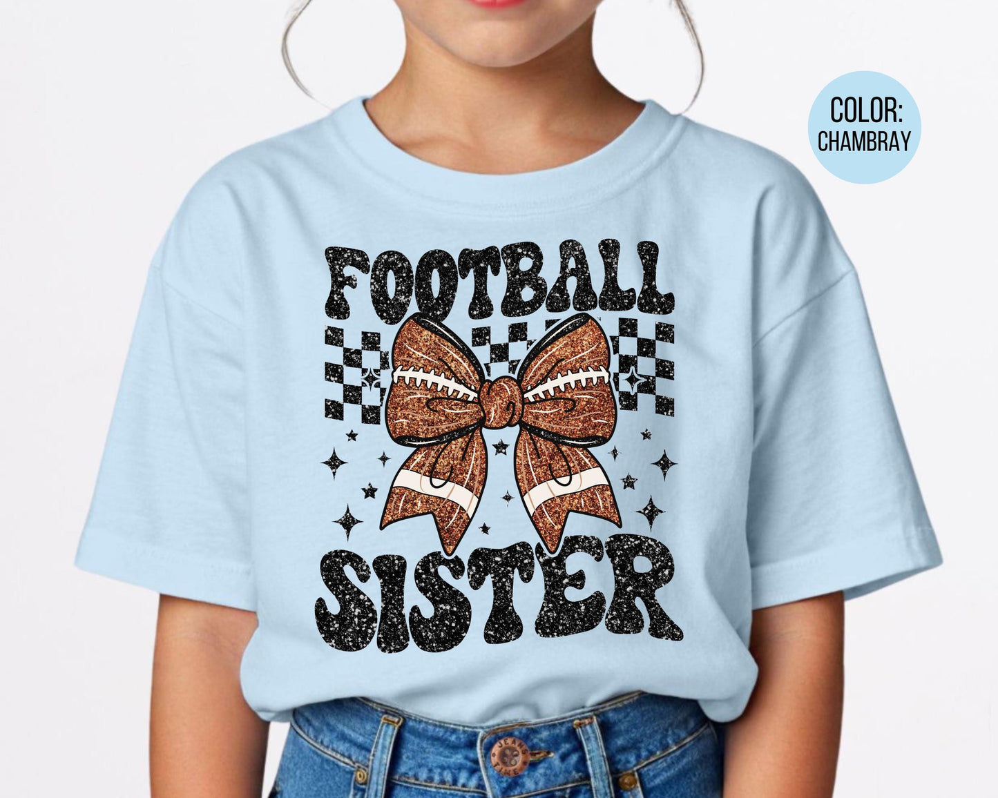 Comfort Colors® Football Sister Shirt, Faux Glitter Football Shirt, Little Sister Shirt, Little Sister Football Shirt