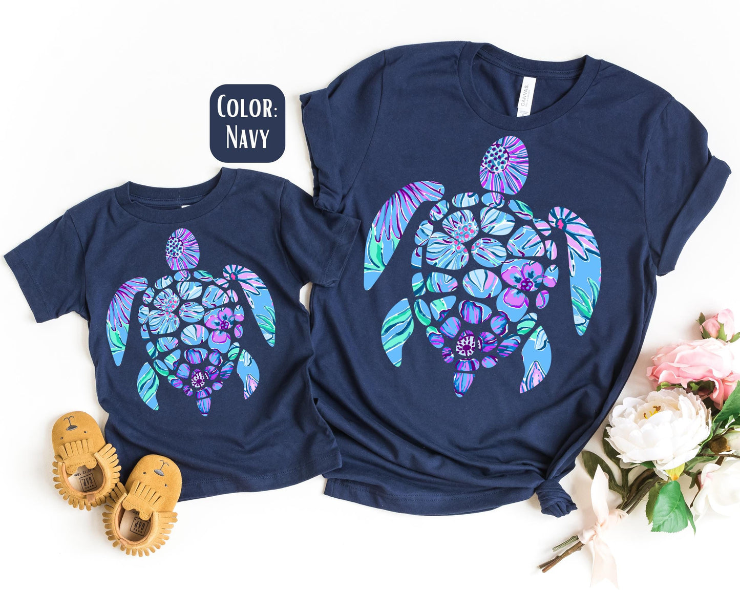 Boho Sea Turtle Mama and Mini Shirts, Floral Turtle Mommy and Me tshirts, Beach Shirts, Mama Mini Set, Mama Mini Outfit, Mother's Day