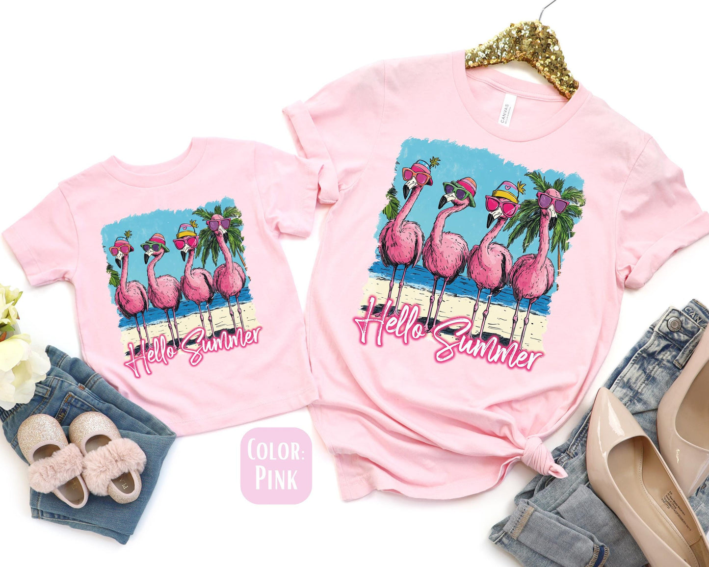 Hello Summer Flamingo Mama and Mini Shirts, Summer Mommy and Me tshirts, Beach Vacation Shirts, Mama Mini Set, Mama Mini Flamingo Shirts