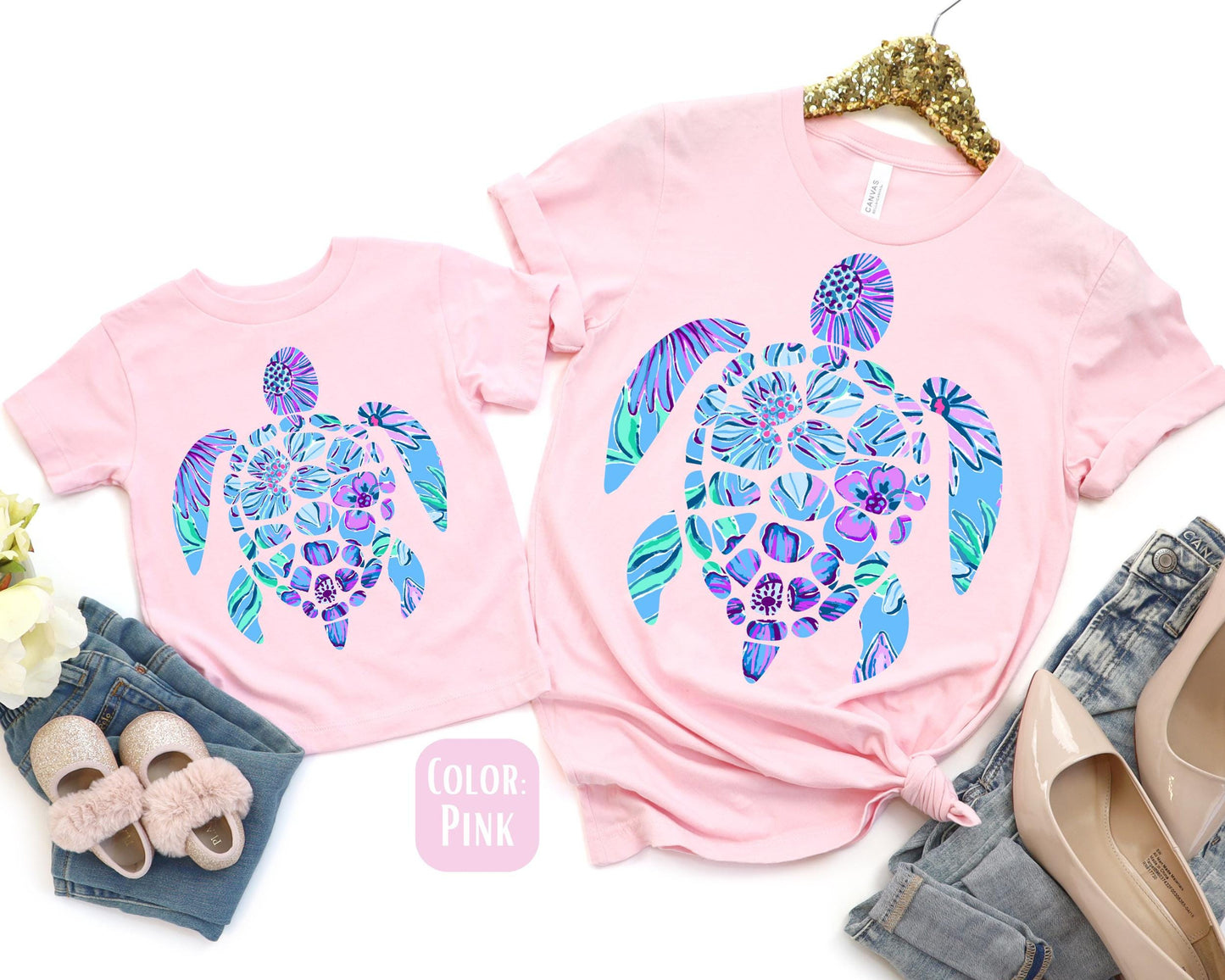 Boho Sea Turtle Mama and Mini Shirts, Floral Turtle Mommy and Me tshirts, Beach Shirts, Mama Mini Set, Mama Mini Outfit, Mother's Day