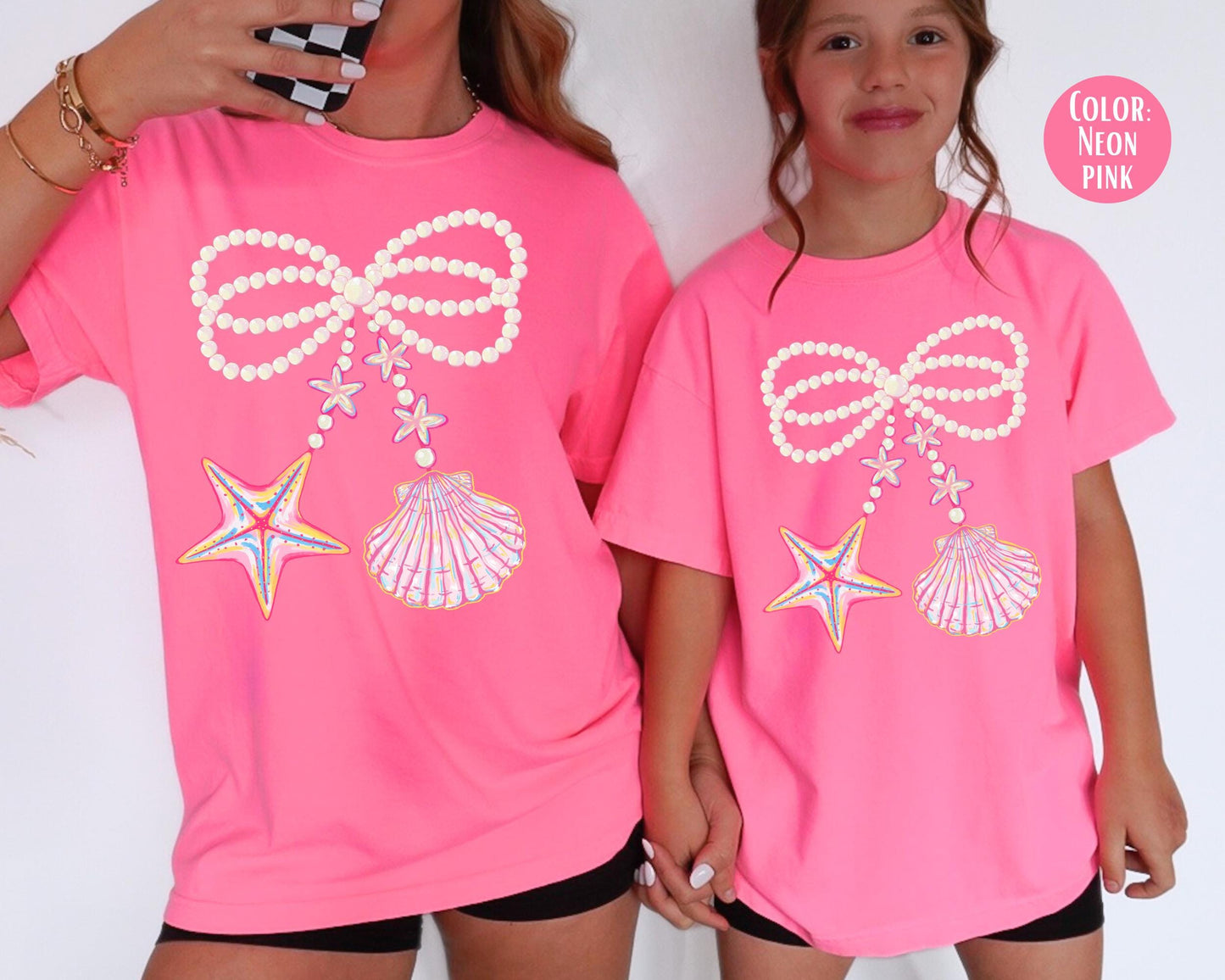 Comfort Colors® Kids Coquette Pearl Bow Shirt, Girls Beach Shirt, Pink Clam Shirt, Youth Beach Shirts, Matching Mom and Daughter Shirts