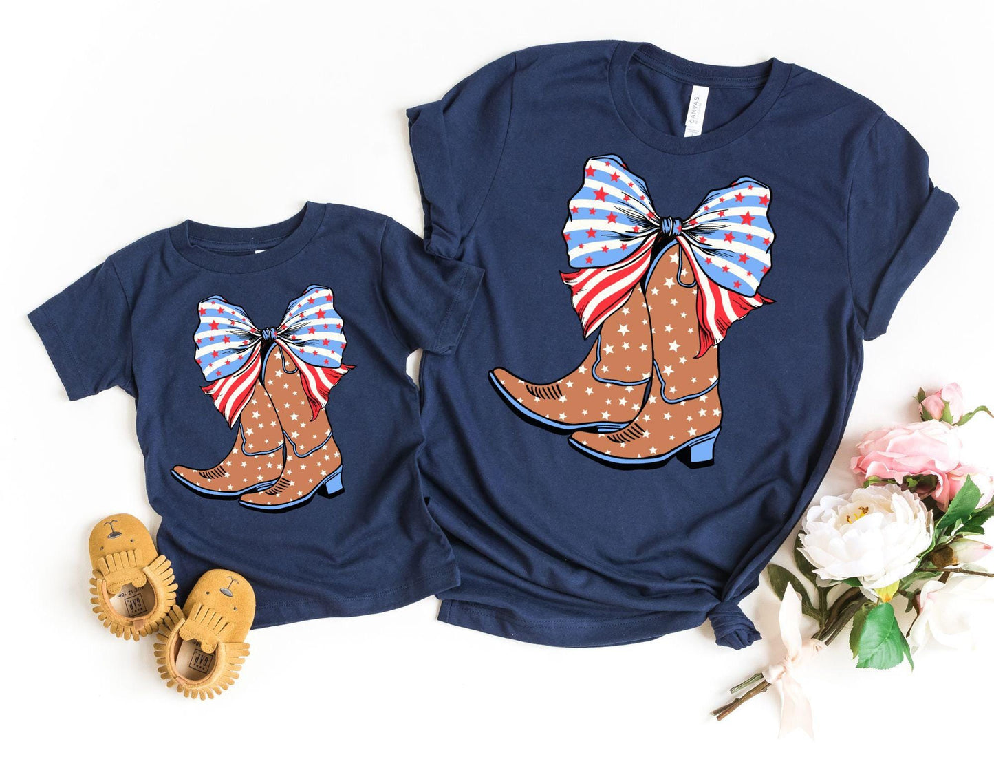 American Cowgirl Boots and Bows Shirts, Mom Daughter 4th of July Tees, Mommy and me Outfits, Matching 4th of July, America