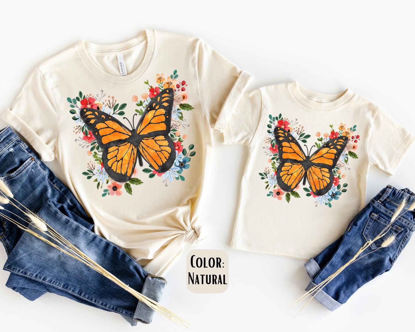 Floral Monarch Butterfly Mommy and Me Shirts, Boho Mama Mini Shirts, Cute Mother Daughter Matching Shirts