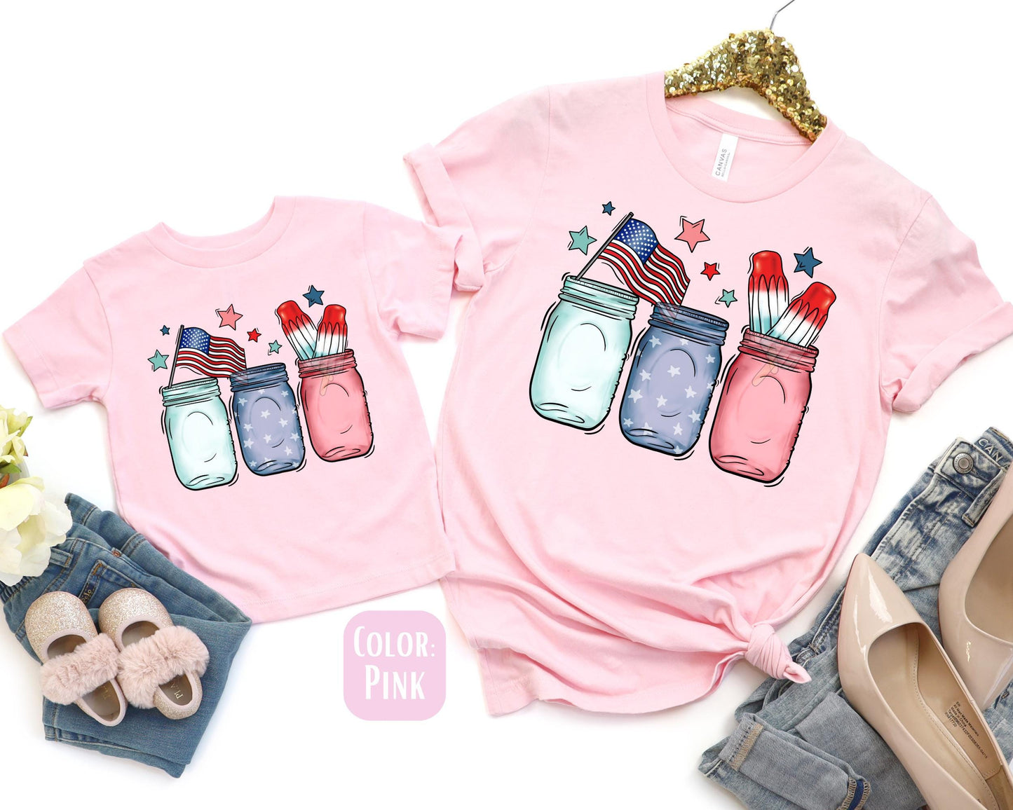 Matching Mason Jar America Shirts, Mother's Day Gift, Matching Mommy and Me July 4th Tee, Mother Daughter, 4th of July Family Shirts