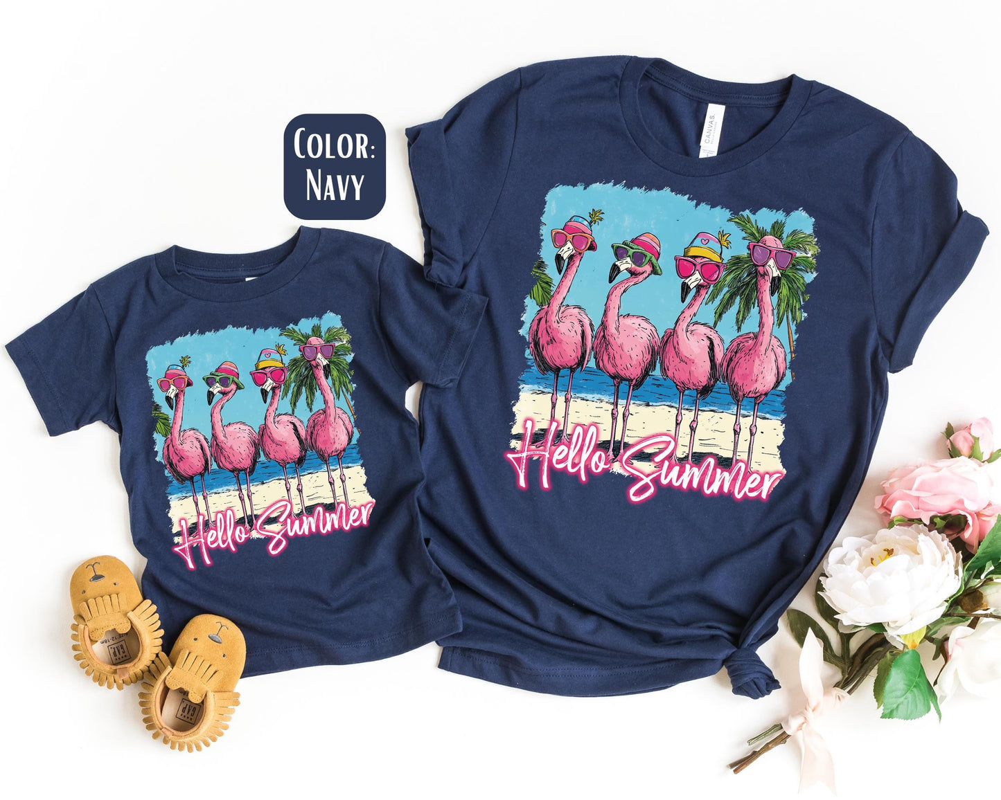Hello Summer Flamingo Mama and Mini Shirts, Summer Mommy and Me tshirts, Beach Vacation Shirts, Mama Mini Set, Mama Mini Flamingo Shirts