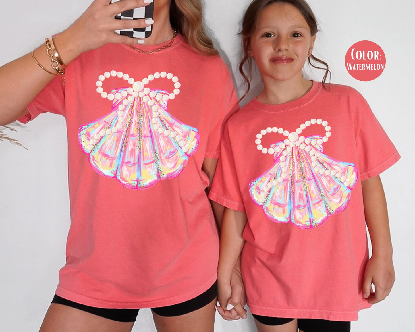 Comfort Colors® Kids Coquette Clam Bow Shirt, Girls Pink Clam Shirt, Kids Beach Shirts, Youth Beach Shirts, Matching Mom and Daughter Shirts