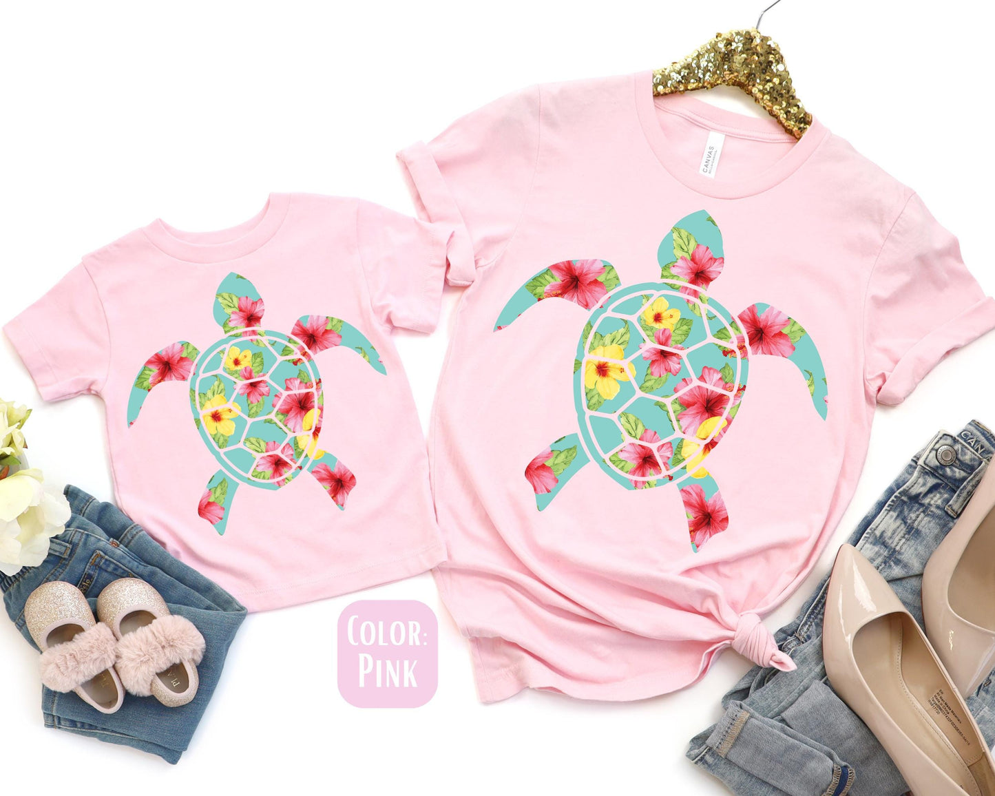 Mama Mini Floral Sea Turtle Shirt, Mother's Day Gift, Matching Mommy and Me Beach Shirt, Sea Turtle Shirts, Mama Mini Matching