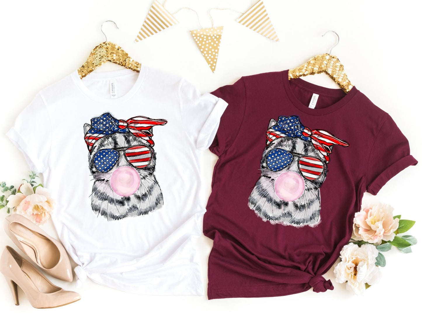 Cat Blowing Bubblegum Shirt - Fourth of July Shirt