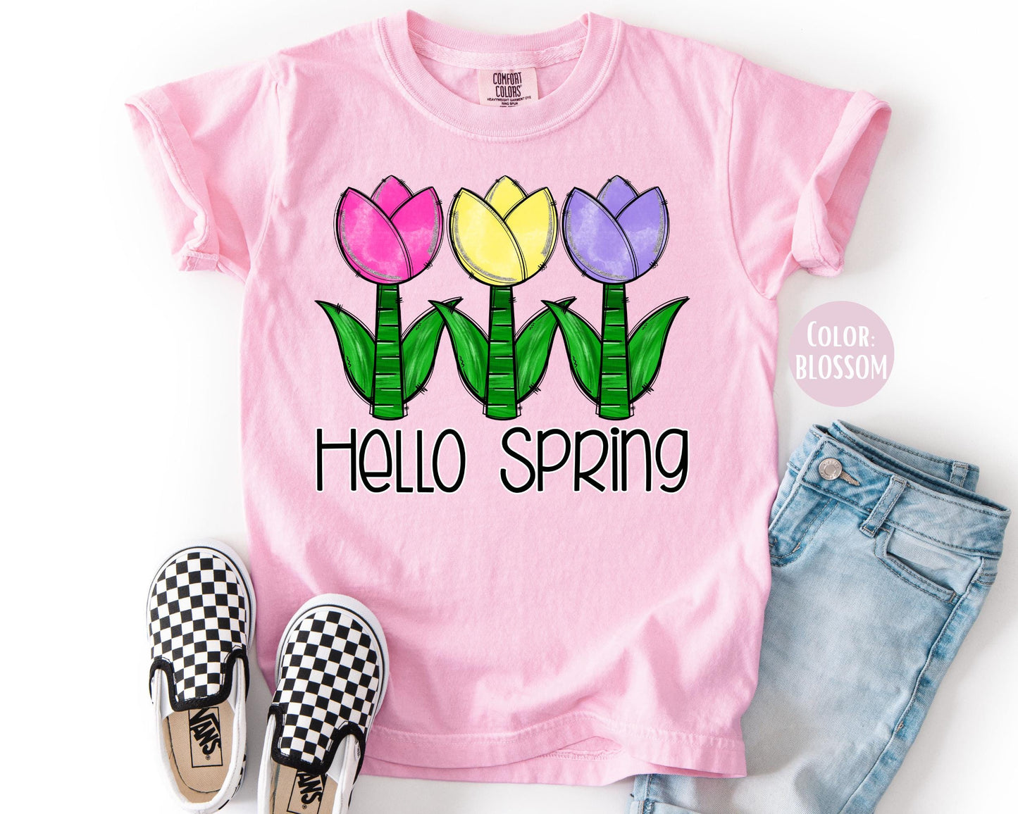 Comfort Colors® Hello Spring Shirt, Girls Spring Shirts, Tulip Tee for Girl