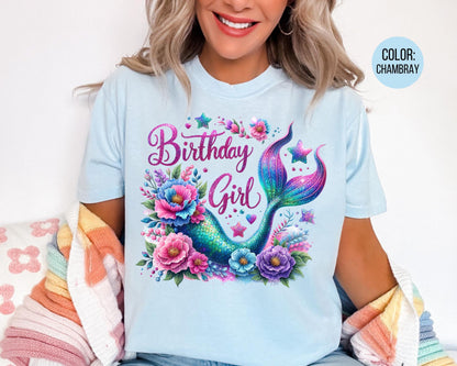 Comfort Colors Faux Glitter Mermaid Birthday Girl Shirt, Girls Birthday Shirts