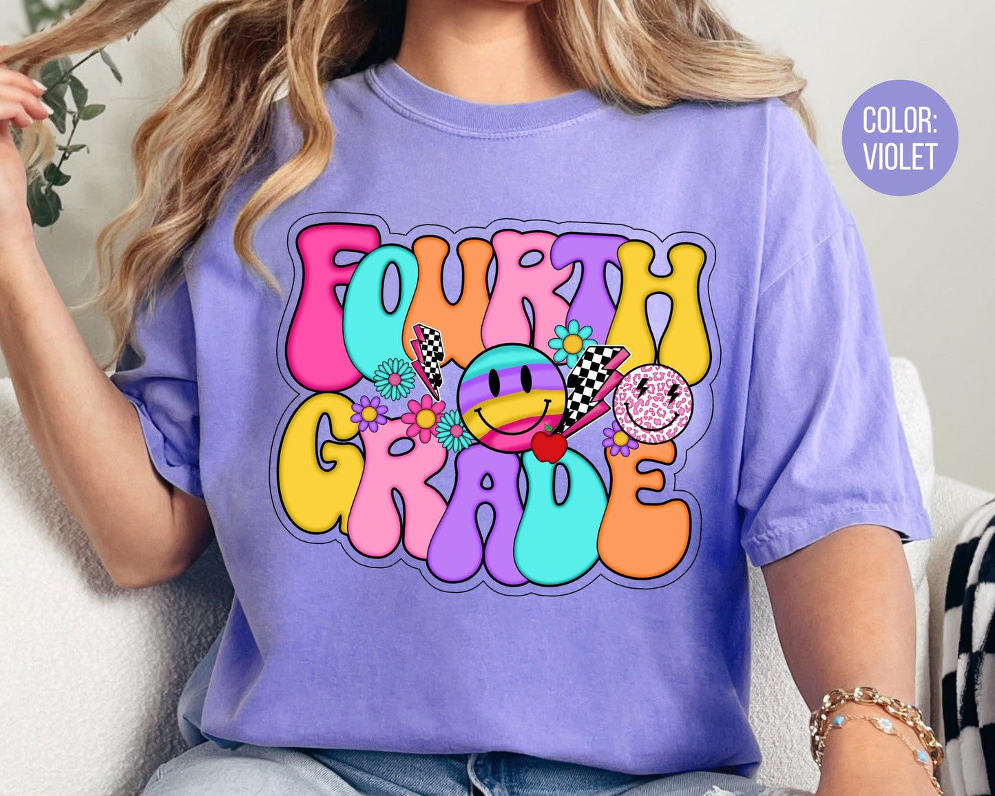 Comfort Colors® Smiley Retro Fourth Grade Shirt, 4th Grade Teacher Shirts
