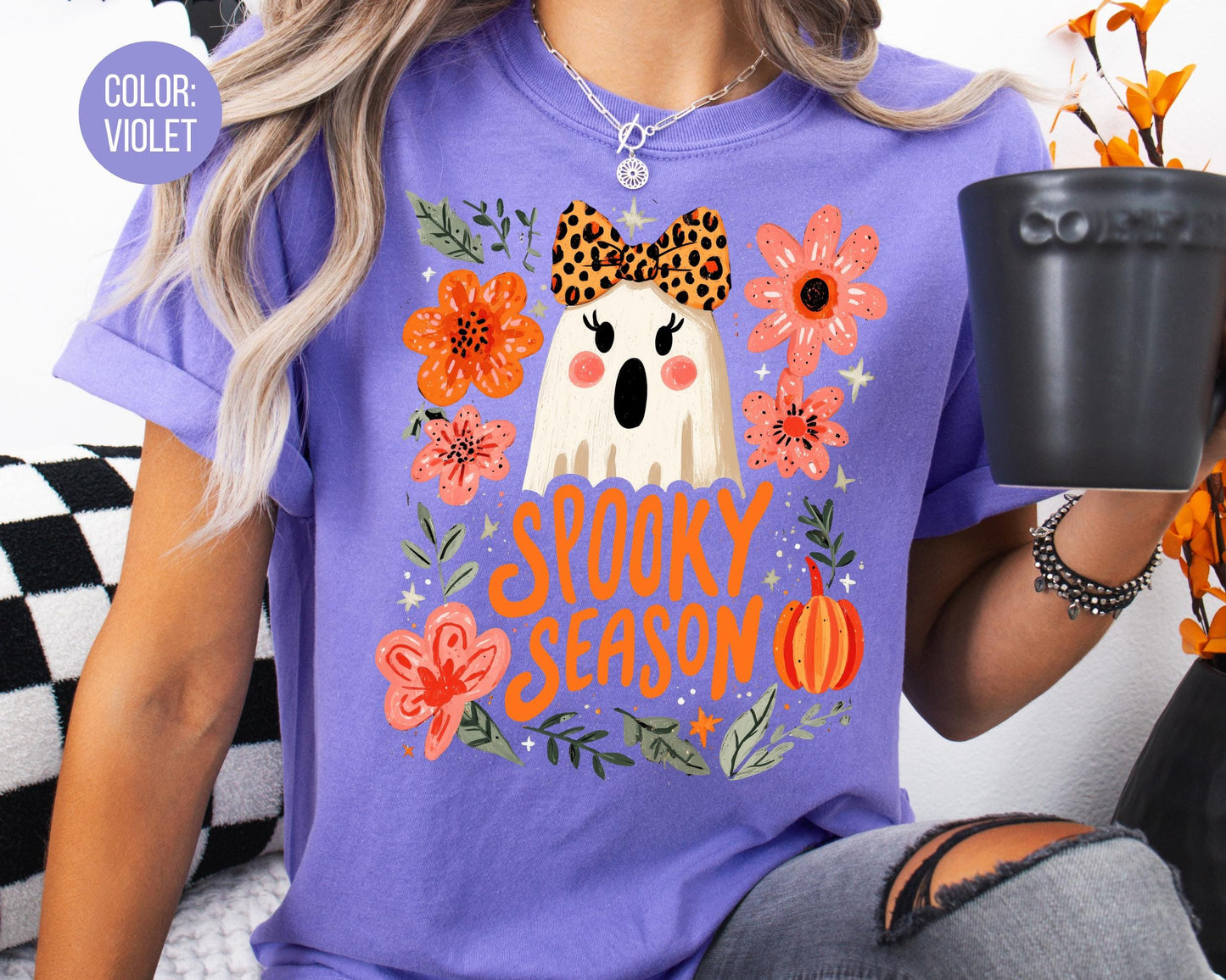 Comfort Colors Floral Ghost Shirt, Girly Spooky Season Tee