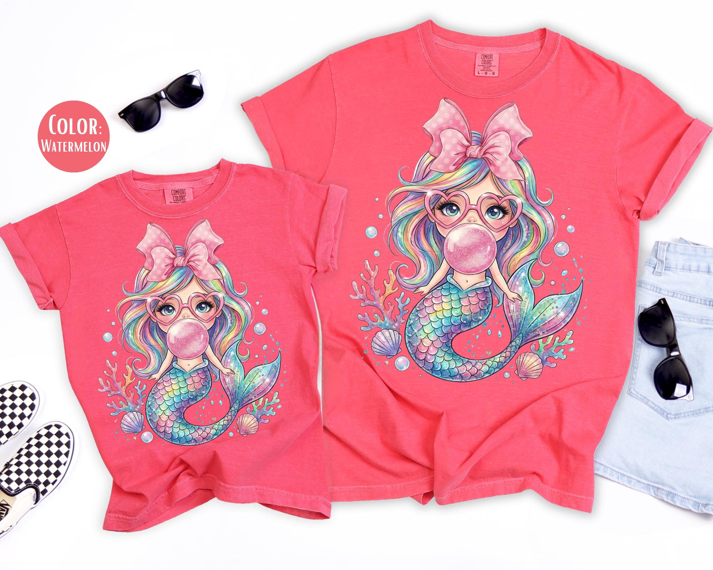 Comfort Colors® Mermaid Blowing Bubble Gum Shirt, Mama and Mini Mermaid Shirts