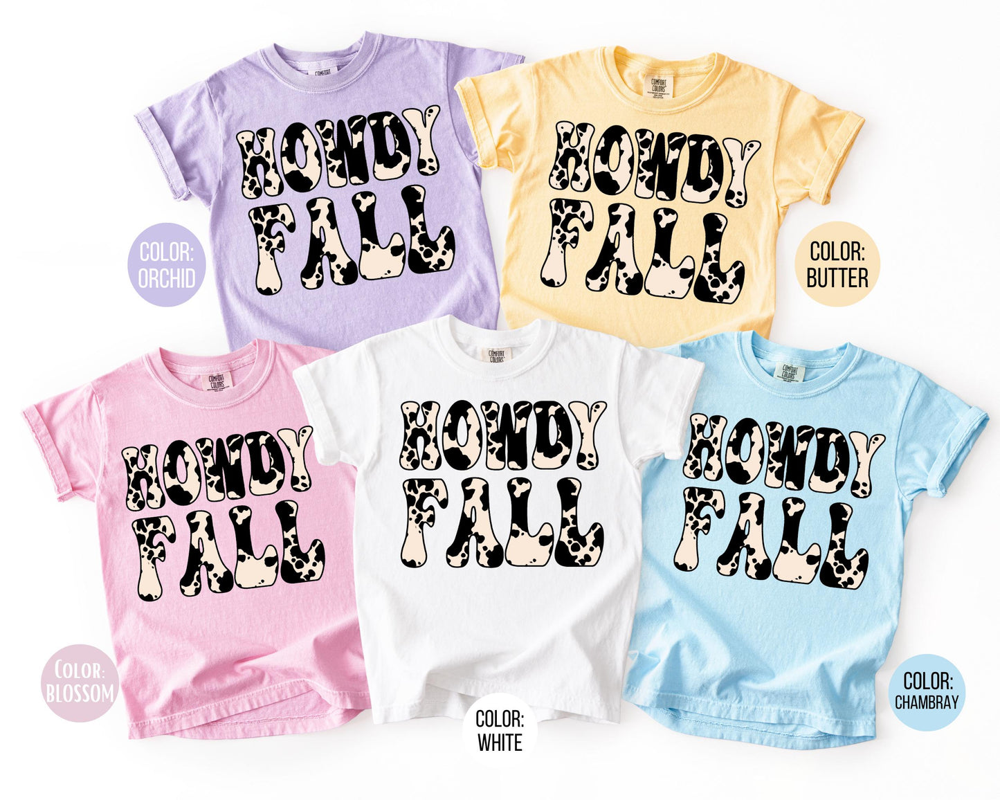 Comfort Colors Kids Howdy Fall Cow Print Shirt, Western Fall Shirts