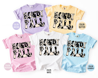 Comfort Colors Kids Howdy Fall Cow Print Shirt, Western Fall Shirts