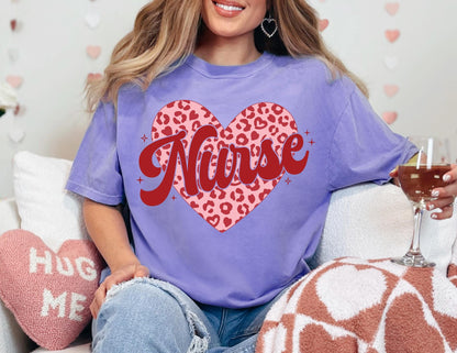 Comfort Colors Valentine Nurse Shirt: Leopard Heart Tee