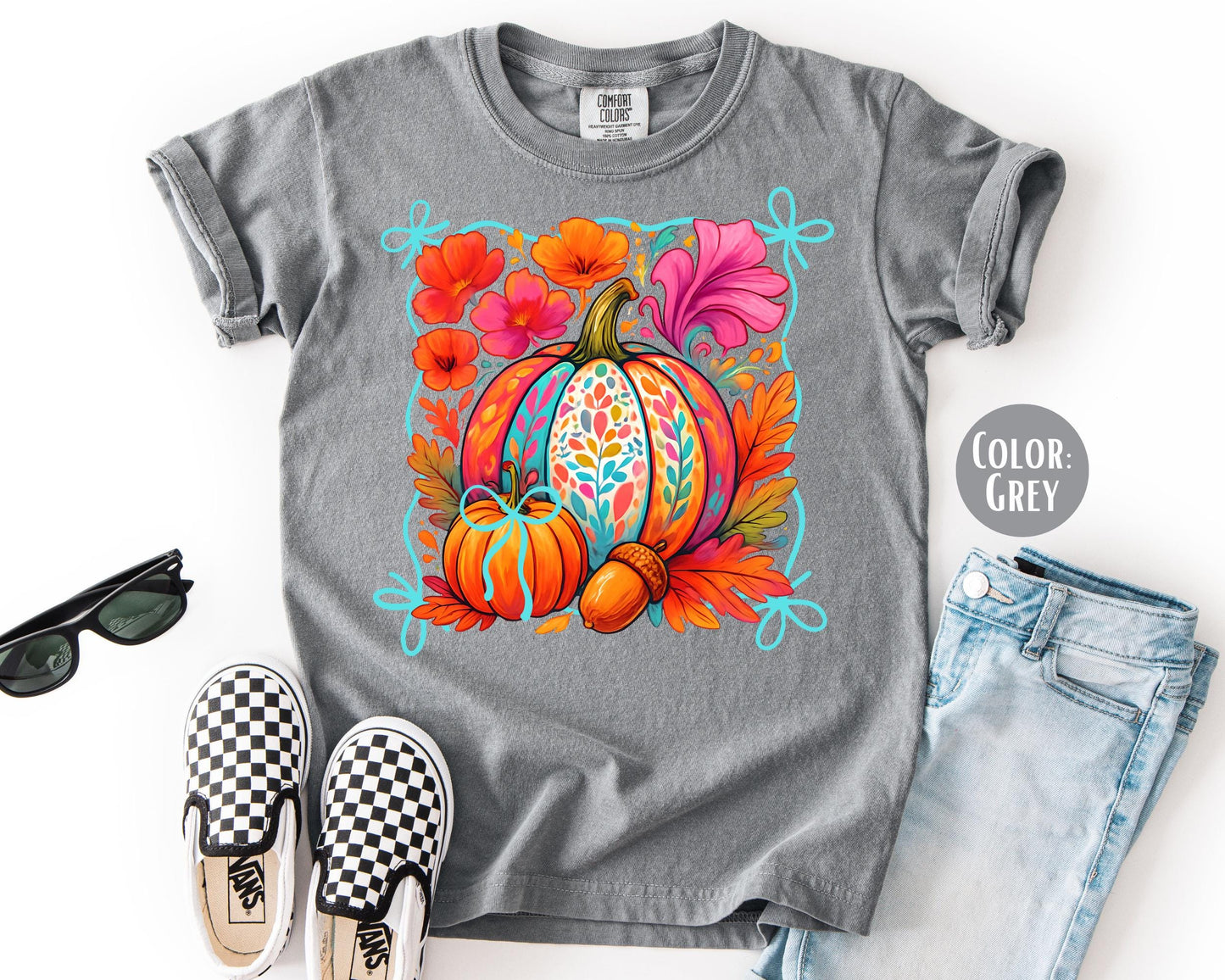 Comfort Colors Girls Fall Floral Pumpkin Shirt: Coquette Tee