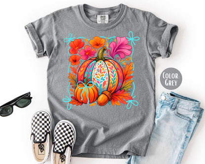 Comfort Colors Girls Fall Floral Pumpkin Shirt: Coquette Tee