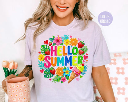 Comfort Colors Floral Brushstroke Hello Summer Shirt, Matching Mom & Daughter Summer Tees