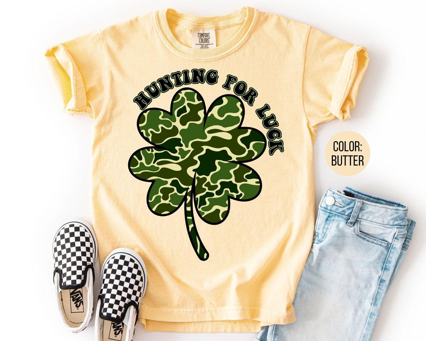 Comfort Colors® Boys Hunting For Luck Shirt, Kids Camo St Patricks Day Shirts