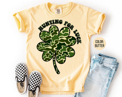 Comfort Colors® Boys Hunting For Luck Shirt, Kids Camo St Patricks Day Shirts