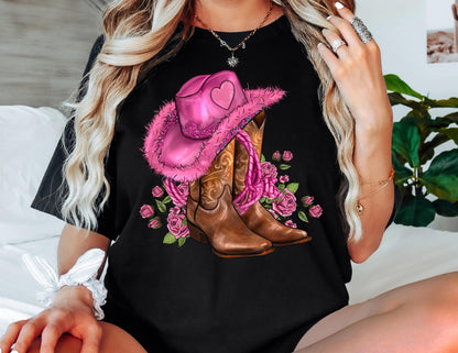 Comfort Colors Cowgirl Boots Valentine Shirt, Pink Heart Hat Roses Graphic Tee
