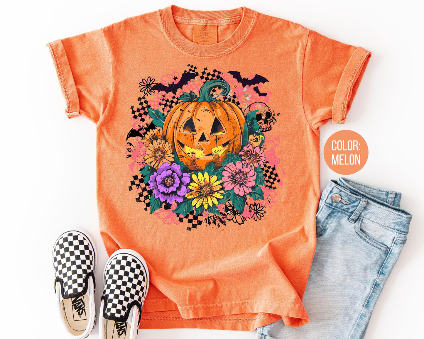 Comfort Colors Floral Jack O'Lantern Shirt: Retro Checkered Halloween