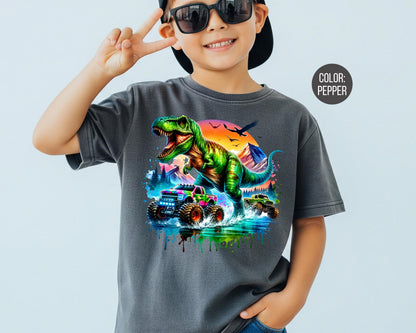 Comfort Colors® Boys T-Rex Monster Truck Shirt, Kids Dinosaur Shirts