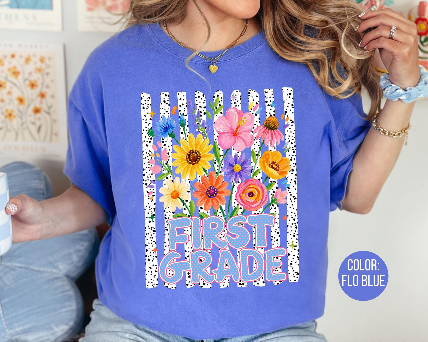 Comfort Colors® Floral First Grade Shirt, 1st Grade Teacher Shirts