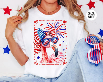 Comfort Colors Girls Patriotic Flamingo Shirt, 4th of July Shirts