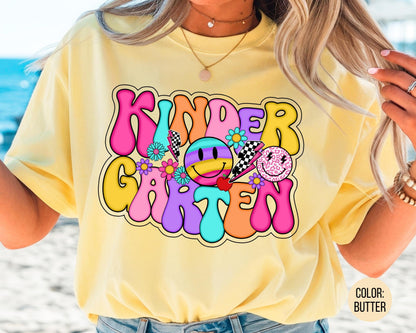 Comfort Colors® Smiley Retro Kindergarten Shirt, Kindergarten Teacher Shirts