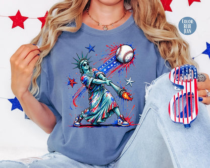 Comfort Colors Statue of Liberty Hitting Baseball Shirt, Funny 4th of July Shirts