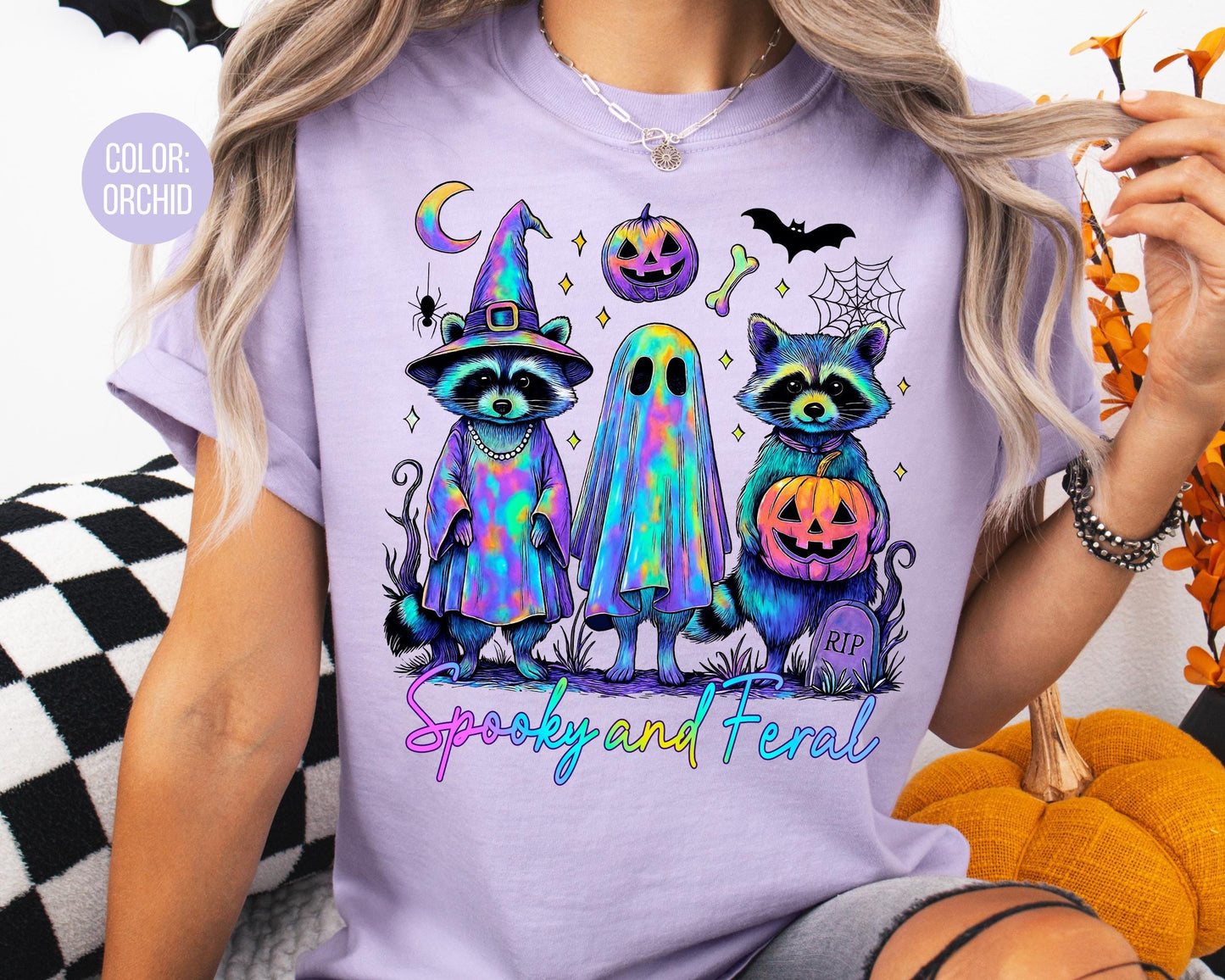 Comfort Colors Spooky and Feral Shirt: Neon Retro Raccoon Halloween