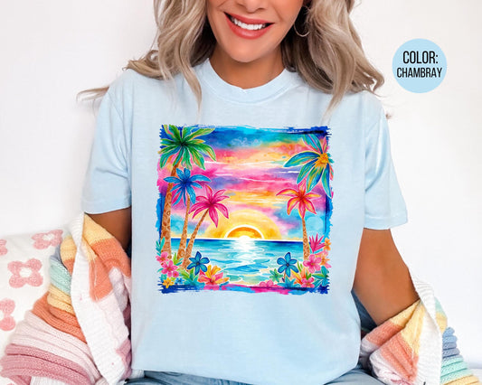 Comfort Colors® Watercolor Beach Sunset Shirt, Preppy Summer Beach Shirts