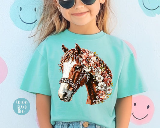 Comfort Colors Faux Rhinestone Horse Shirt, Girls Horse Shirts, Equestrian Tee for Kids