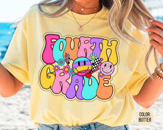 Comfort Colors® Smiley Retro Fourth Grade Shirt, 4th Grade Teacher Shirts
